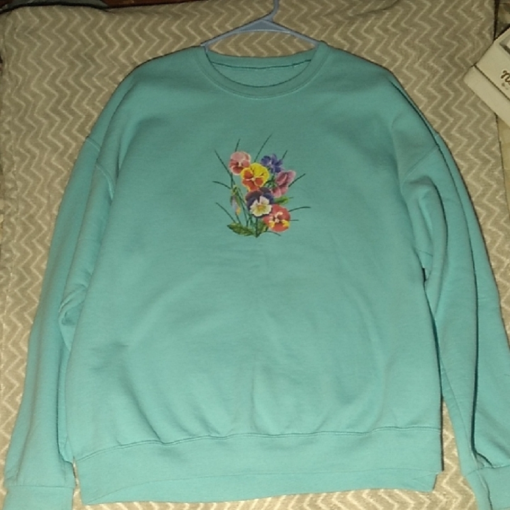 Blue Crew Neck Sweater with Floral Embroidery